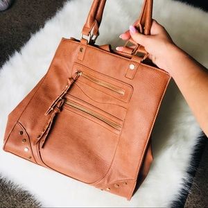 Camel Brown Faux Leather Gold Studded Tote Purse
